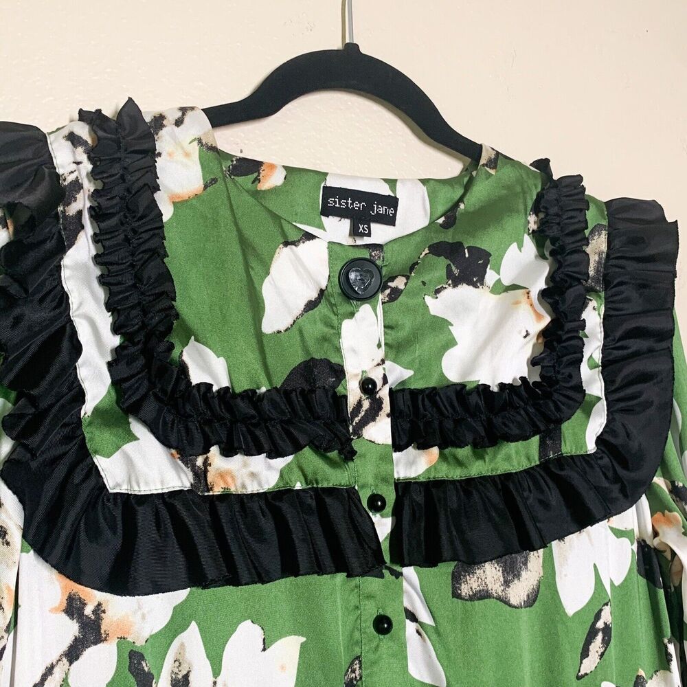 Sister Jane Flora Dorm Ruffle Midi Dress XS Floral Green Long Sleeve Big Collar - Picture 3 of 7